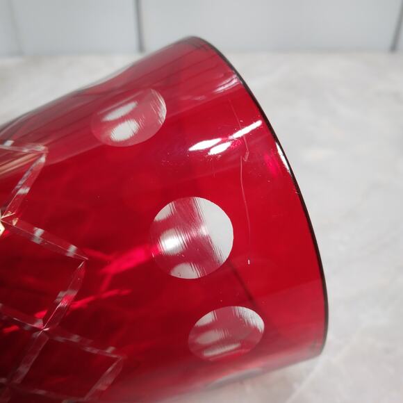 Vtg Czech Style Ruby Red Diamond Cut Glass 3" Bar Cocktail Tumbler Rocks Glass - Picture 8 of 10